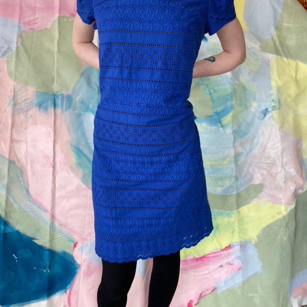 Jones NY Blue Embroidered Dress Sz 12 Brown Lining